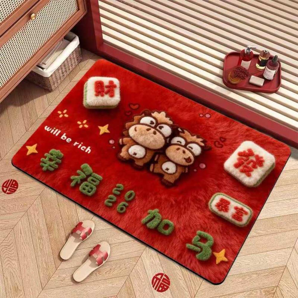 

New Horse Pattern New Year Door Mat Red Non-slip Door Carpet Soft Water Absorption Blanket Home Decorations