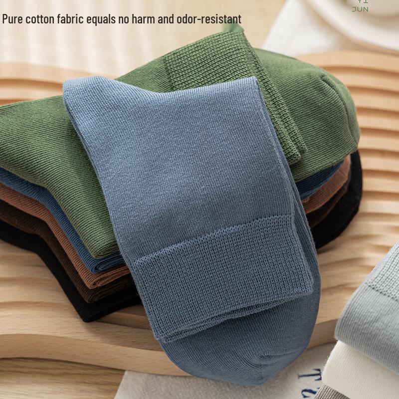 Men's Anti-Odor Sweat-Absorbent Pure Cotton Socks for Autumn/Winter - Simple Business Style Mid-Calf Length