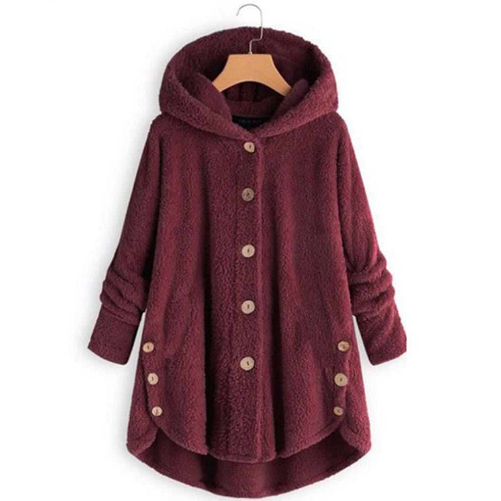 Women's Fashion Solid Color Button Hooded Plush Loose Casual Jacket