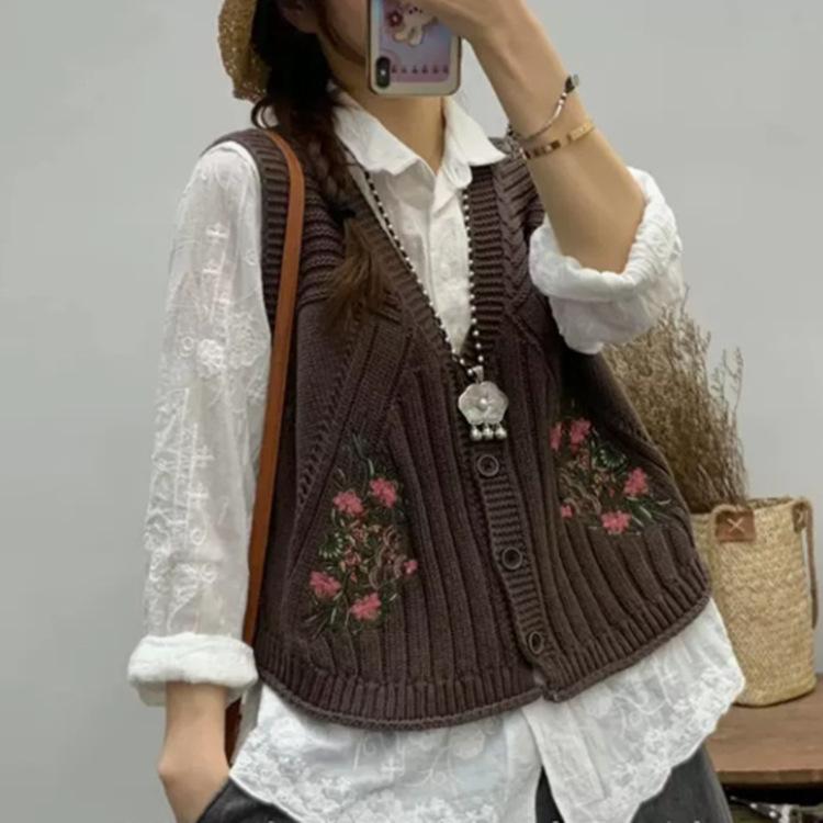 Damski luźny casualowy dzianinowy sweterek bez rękawów z dekoltem V wiosenny haft styl artystyczny revival styl starożytny