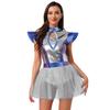 Womens Alien Cosplay Dress Fly Sleeve Front Hollow Out Metallic Shiny Patchwork Tulle Hem Built-in Briefs