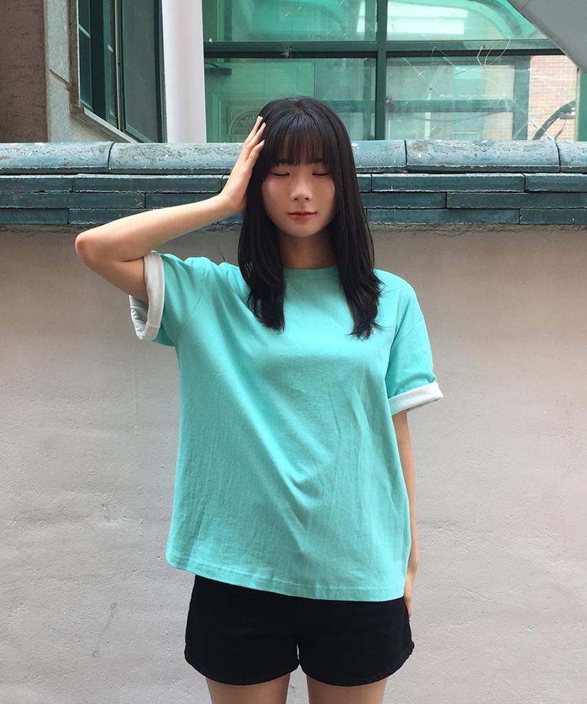 AWESOME STUDIO Color Block Roll-Up Sleeve T-Shirt Pistachio