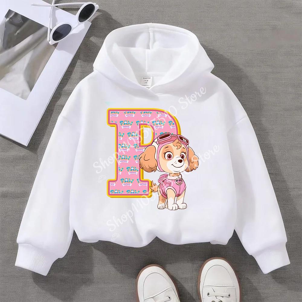 PAW Patrol Child White Long- Sleeve Hoodie Girls Skye Polyester Tops Cartoon 26 Letter Printed Pullover Children Birthday Gifts
