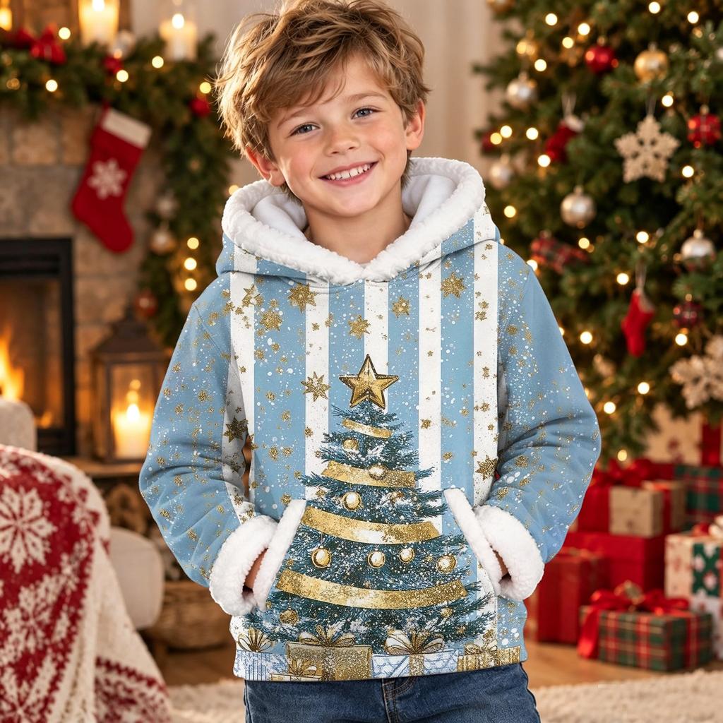 Kids Long Sleeve Christmas Print Casual Hooded Top for Boys and Girls Holiday Outfit