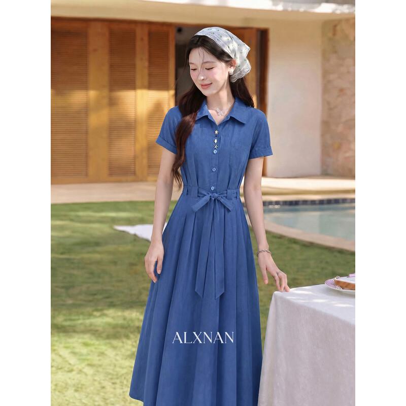 Women s Summer Elegant Blue V-neck A-line Dress M