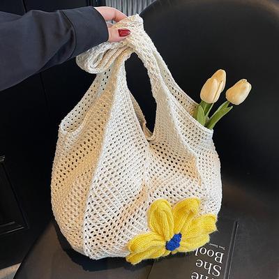 Summer Small Fresh Simple Casual Hollow Woven Tote Bag Light Large Capacity Versatile Vacation Style Shoulder Bag Women