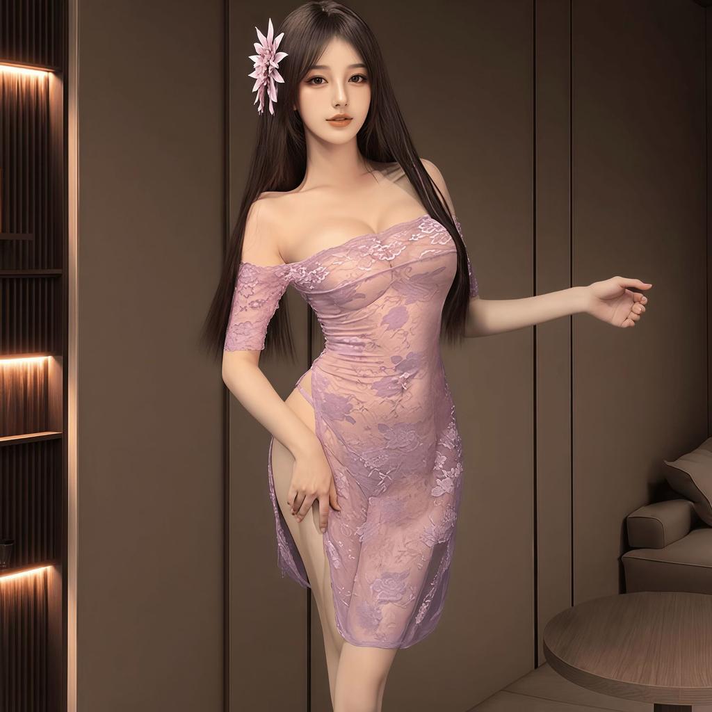 One-word shoulder perspective cheongsam erotic underwear female sexy pure desire to show buttocks free open-ended nightdress female hottie