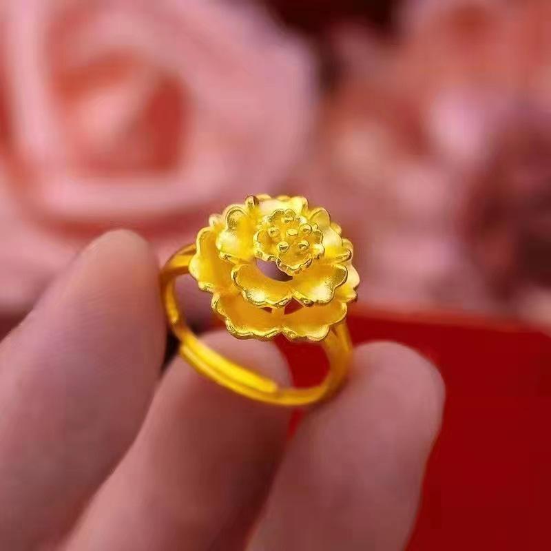 Vietnamese Gilded Brass Peony Ring - Blooming Splendor Women's Gift for Qixi