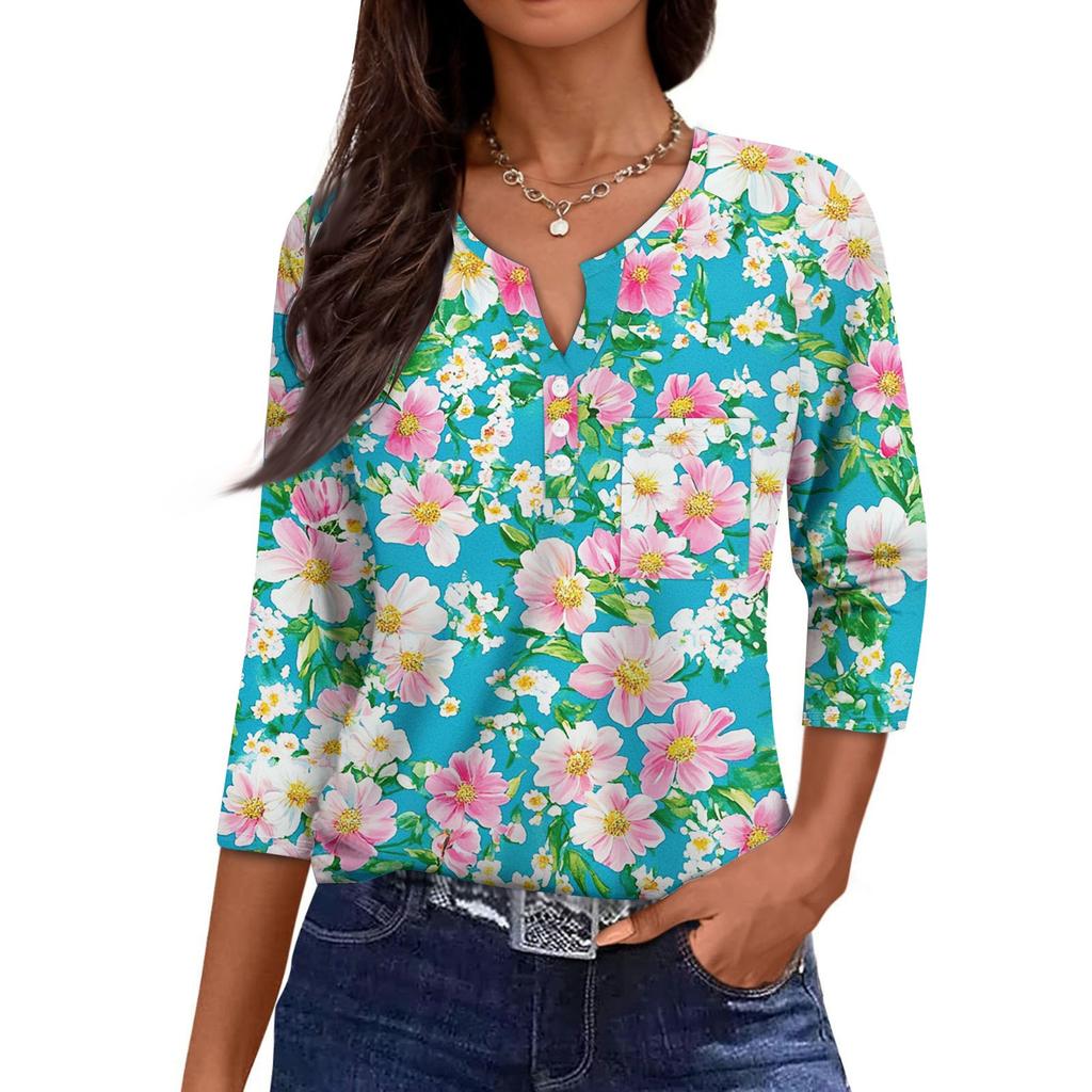 Damska Codzienna Modna Dekolt V Luźna Wszechstronna Kwiatowy Wzór Rękawy Trzyczwarte