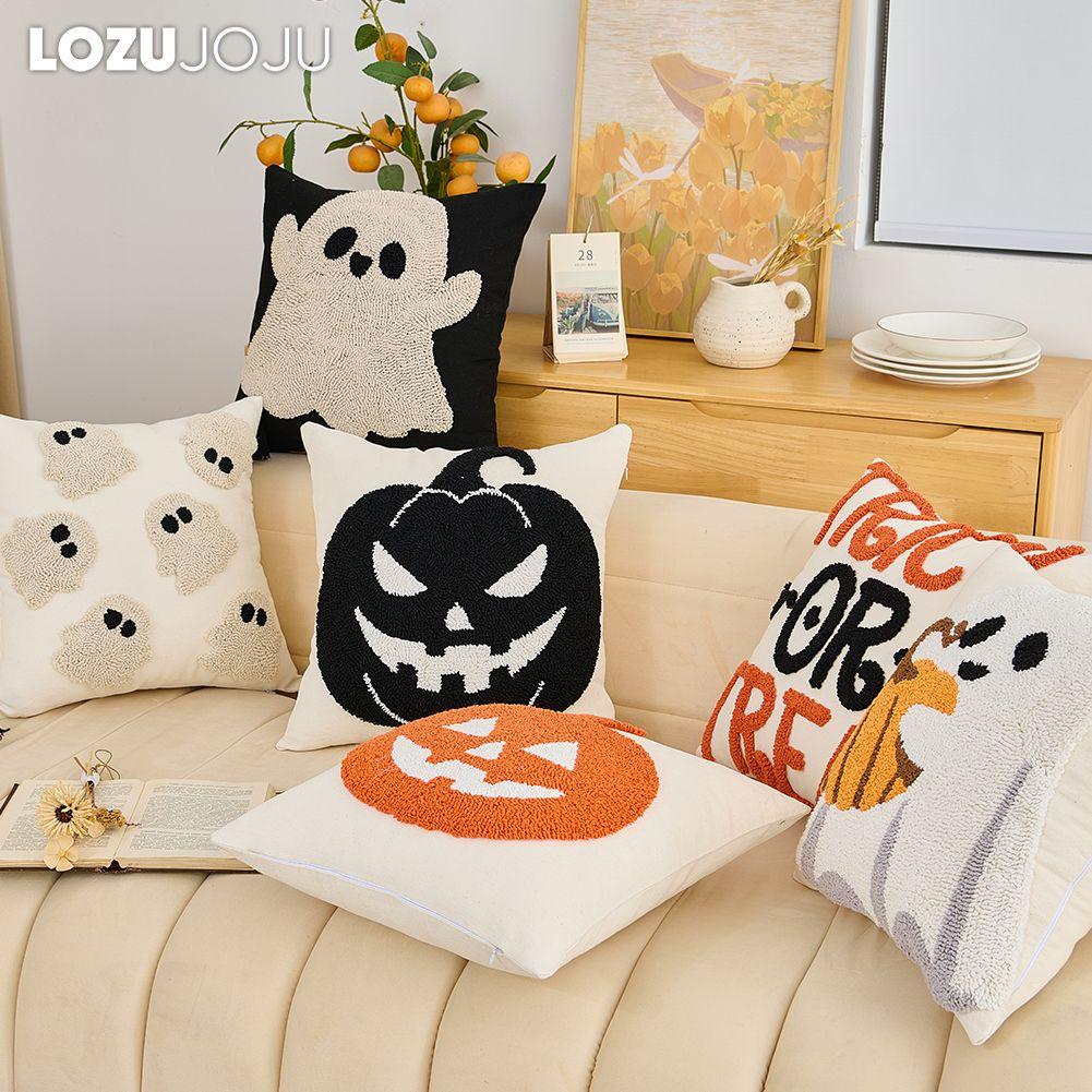 1PC LOZUJOJU Halloween Pillowcase Ghost Pumpkin Pattern Embroidered Soft Cushion Cover for Sofa Living Room Bedroom Home Decor