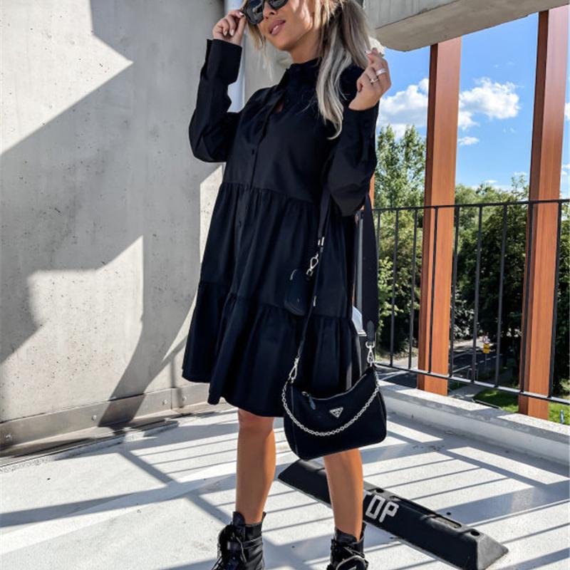 Moda feminina primavera outono manga comprida lapela casual cor sólida babados vestido de uma peça