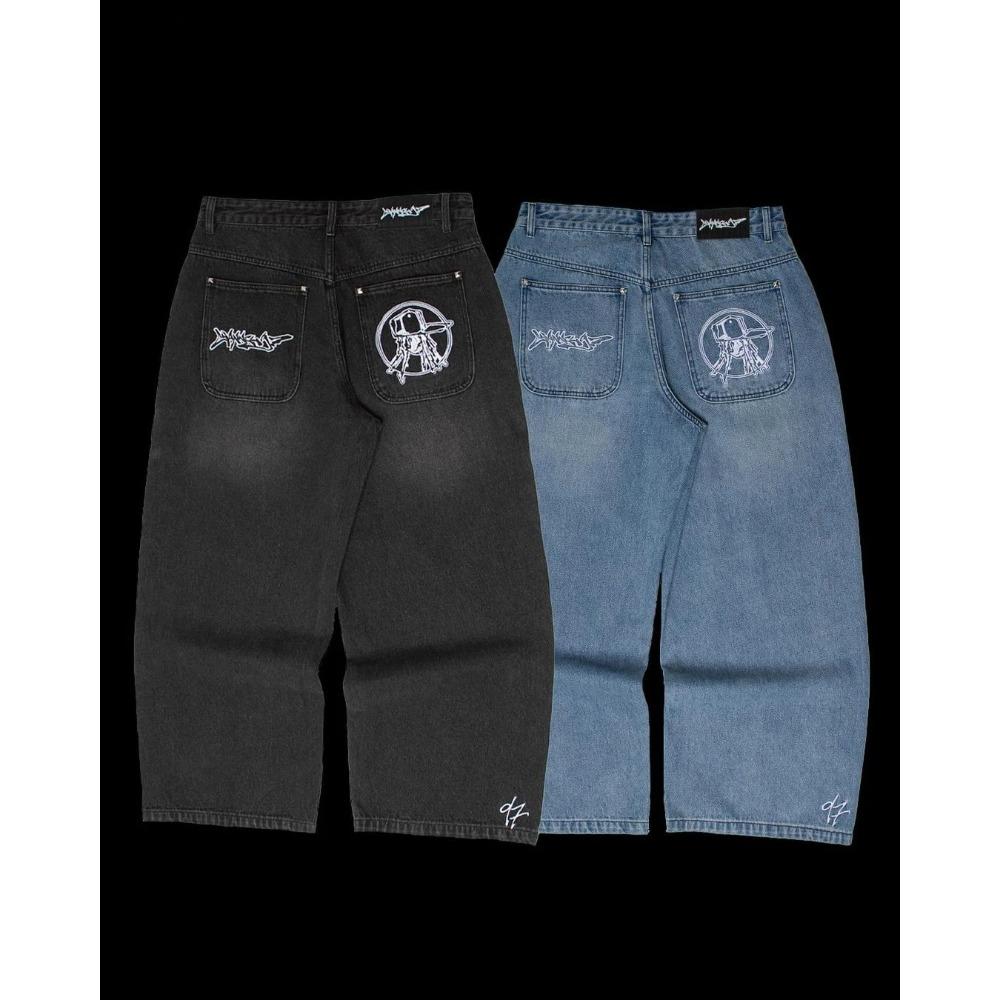 Fun Street Fashion Brand Wide Leg Jeans Y2K Hip-hop Retro Simple Print Loose Gothic Harajuku Horn Pants Ripped Jeans