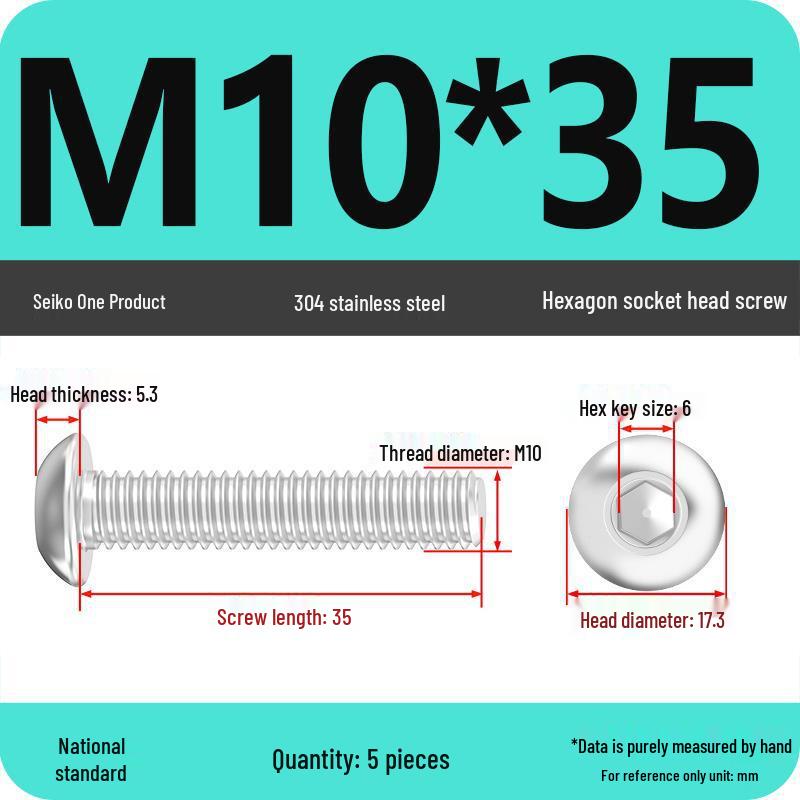 304 Stainless Steel Pan, Half, and Round Head Hexagon Screws (M2-M12)