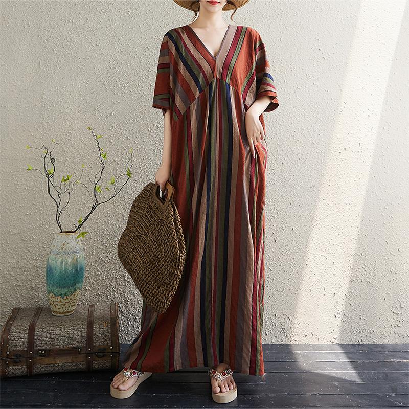 

DIMANAF New 2025 Women Basic Plus Size Summer Dress Casual Linen V-Neck Stripe Short Sleeve Dress Loose Dress One Size оранжевый