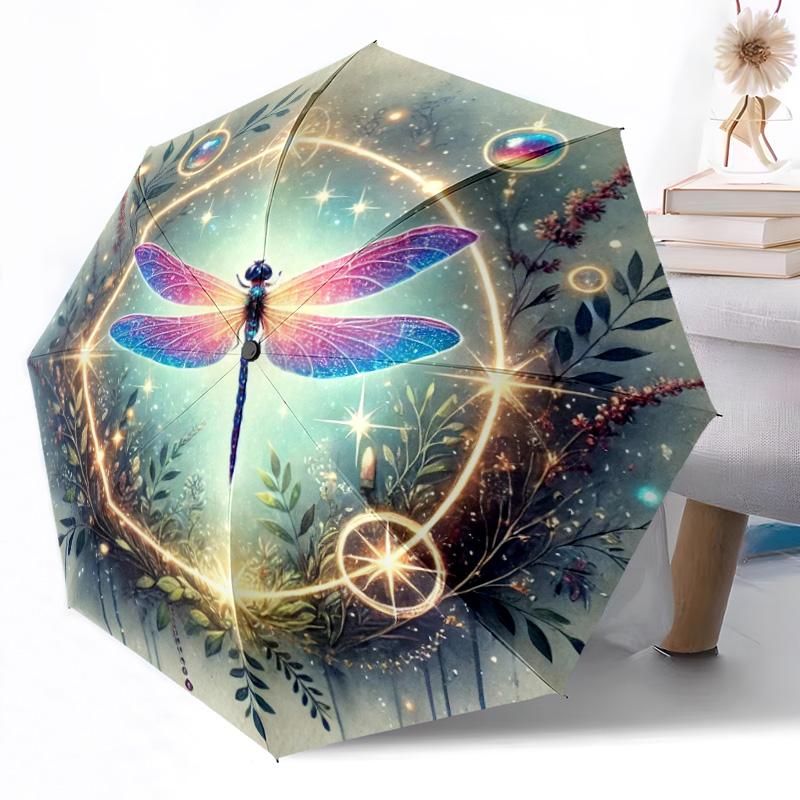 1pc Vibrant Dragonfly Floral Automatic Umbrella with Folding Feature Compact 8 Rib Lightweight Compact Design for Outdoor Daily Use Outdoor Y9