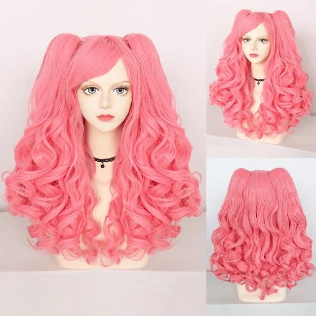 Parrucca Cosplay sintetica lunga colorata riccia per ragazze Lolita Cosplay con doppia coda di cavallo e 1 cuffia per parrucca