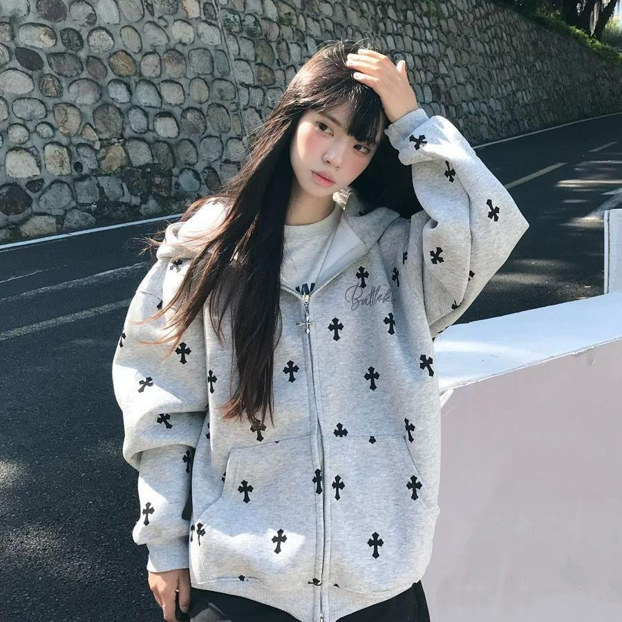 High Street American Cross Print Hooded Cardigan Jacket Autumn Vintage Heavy Loose Trend Sweater Top