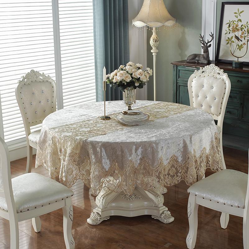Round Tablecloth Green Golden Velvet Table Cover Dining Table Cloths Embroidery Lace Flower House Towel Chair Cover Dust Cover