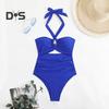 Women Monokini Padded Underwire Solid Color Halter One-Piece Bikini with Hollow Design Beach Vacation Swimwear