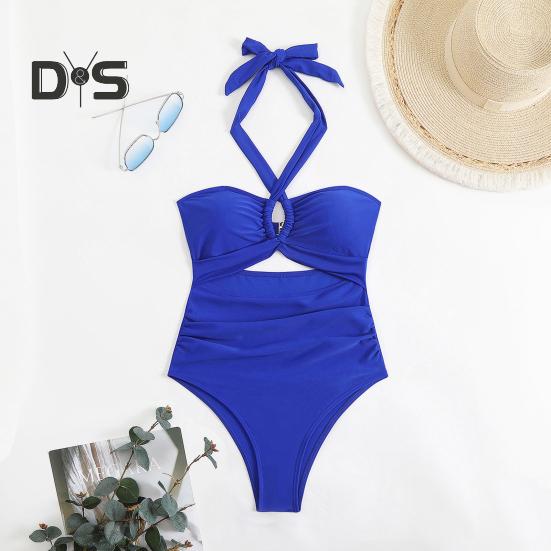 Women Monokini Padded Underwire Solid Color Halter One-Piece Bikini with Hollow Design Beach Vacation Swimwear