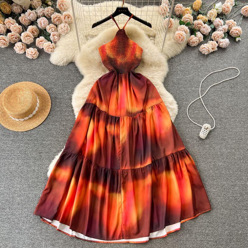 

Niche Style Flame Red Dress Elastic Long Halter Orange S