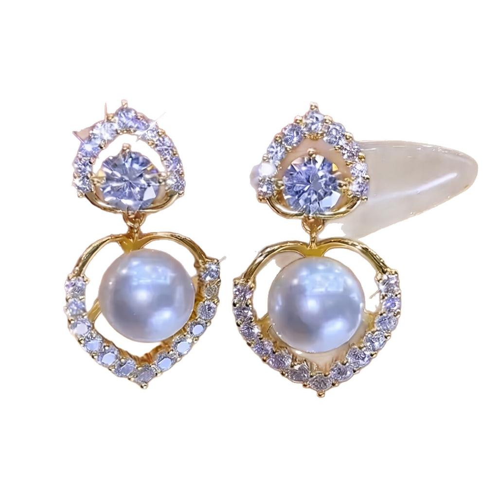 Korean High-end Earrings, Pearl Earrings, Light Luxury Love Zircon Earrings, Exquisite, Fashionable and Versatile Earrings