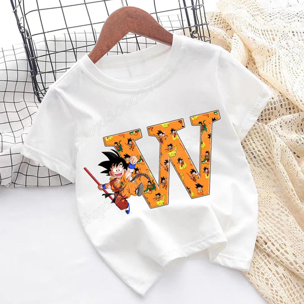Dragon Ball Goku T-shirt Children A-Z Letter Tee Top Cartoon Summer Fashion White Short Sleeve Clothing Kids Casual Clothes Gift