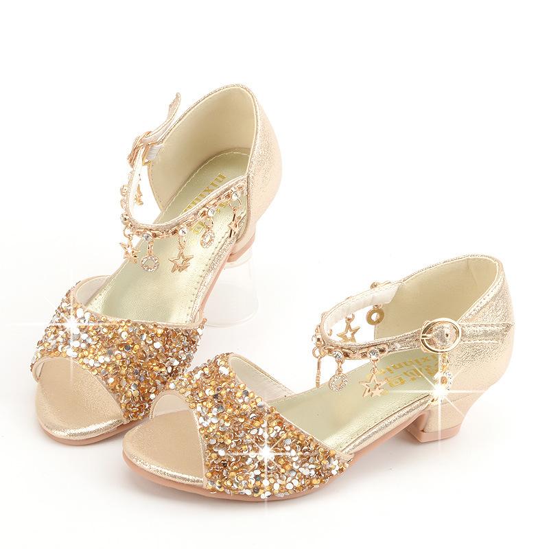 

Fashionable and sweet small square-heeled crystal shoes, summer children s high-heeled shoes for girls, gold trendy performance leather shoes 26Code/17.5cm золотой
