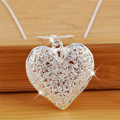 1 Stück Versilbert Exquisit Hohl Herz Anhänger Halskette Für Mode Frauen Charme Hochzeit Geschenk Schmuck Zubehör