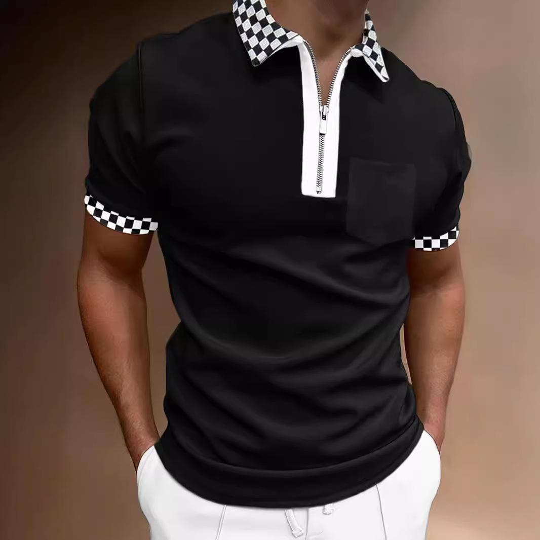 Men S Short Sleeve Polo Shirt Color Block Zip Detail Loose Fit Casual Top S