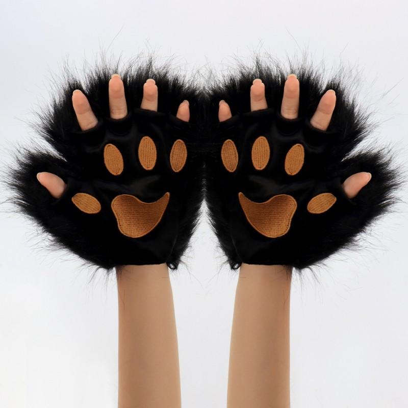 Fuzzy Cat Paw Gloves Half-Finger Cosplay Costume Accessory Halloween Winter Warm Wear