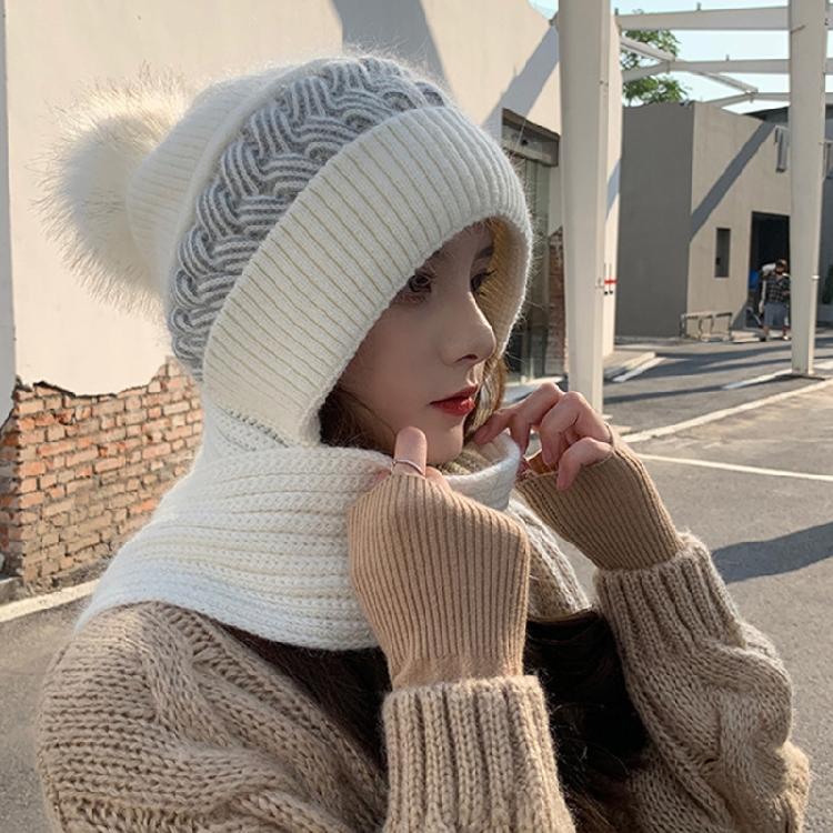 Women Korean Style Scarf Student Hat Integrated Earmuffs Cap Sleeve Plush Winter
