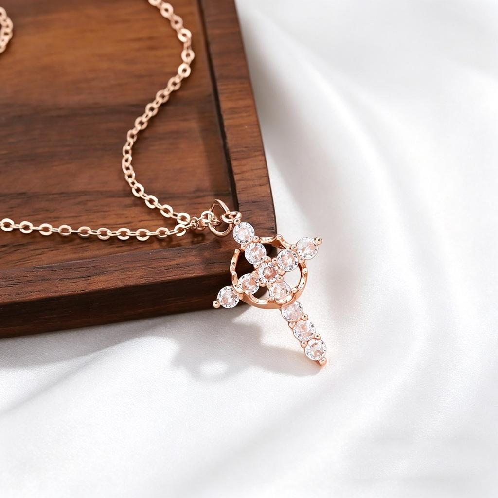 Hot Sale Ladies Necklace, Personalized Cross Rose with Zircon Design Clavicle Chain Versatile Necklace