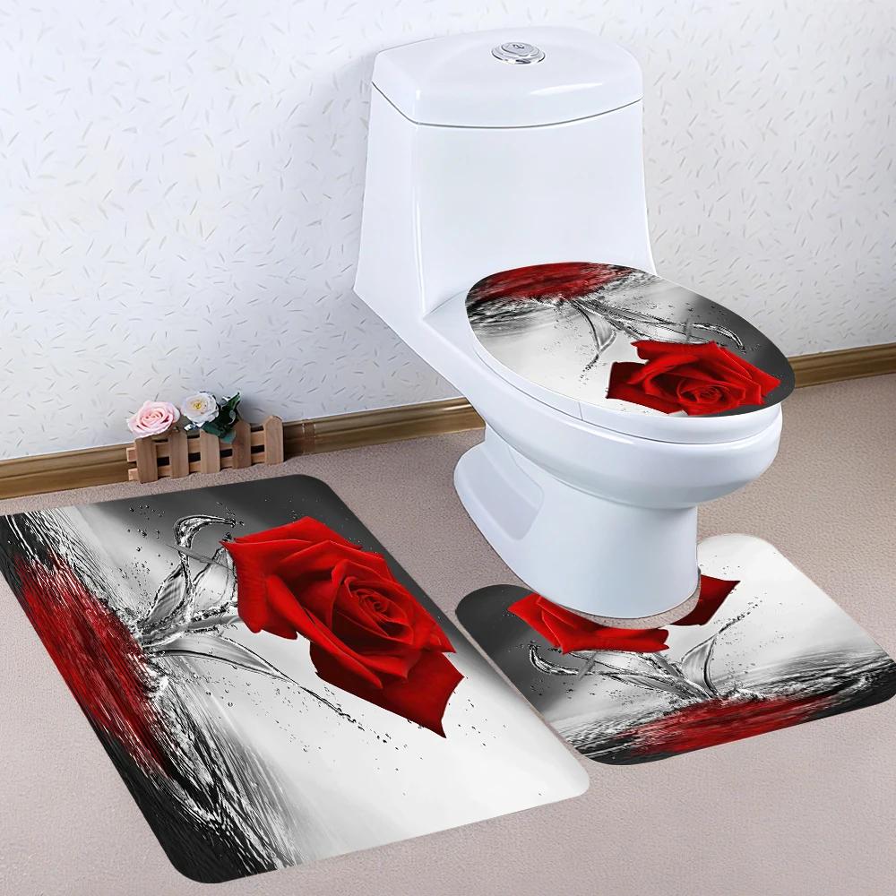 Red Rose Bathroom Four-piece Set - Avant-garde Waterproof Shower Curtain, creating a complete bathroom kit