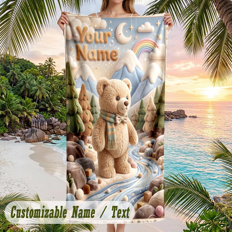 Teddy Bear Theme Beach Towel Personalized Custom Name & Text Soft Quick Dry Beach Towel for Swimming Travel