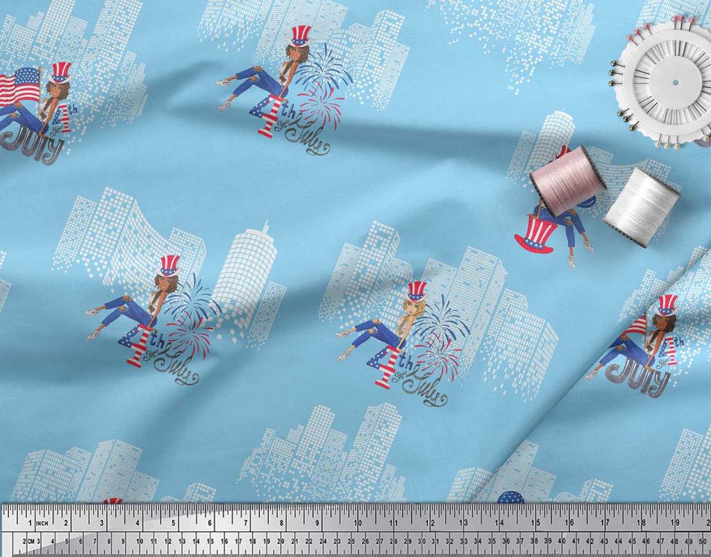 Soimoi Blue Japan Crepe Satin Fabric Text,Women & Bulidings Architectural Decor Fabric Printed Metre 42 Inch