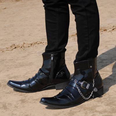 Men's Fashion Chelsea Boots Black Tide Patent Leather Shoes Pointed Toe High Heel Ankle Boot Party Nightclub Dresses Short Botas