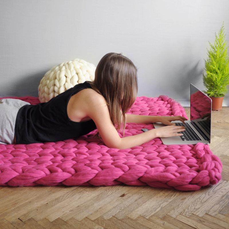 Hand Chunky Knitted Blanket Thick Yarn Merino Wool Bulky Knitting Throw Blankets Throw Carpets Soft Warm Winter Home Sofa Bed