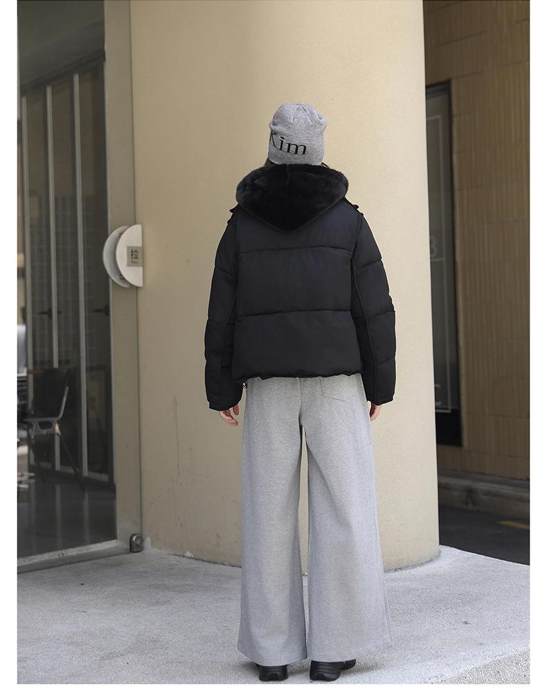 Short Cotton-padded Jacket With Imitation Mink Fur Hood