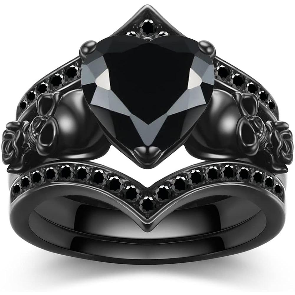 Set di Anelli di Fidanzamento Teschio Fiore Rosa Nero Gotico Zircone Cristallo Cuore Rosso Viola Regalo per Anniversario Festa della Mamma Gioielli