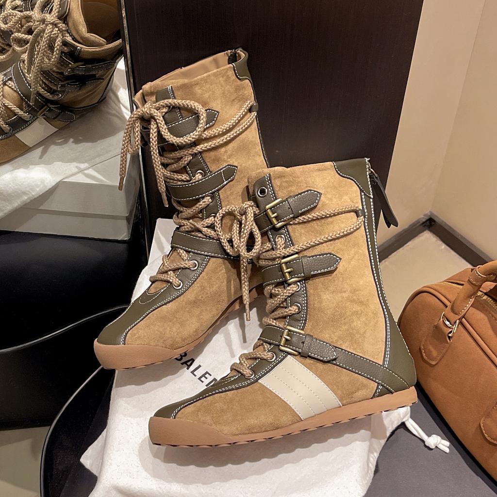 Flat-bottomed lace-up boxing boots short boots women's 2025 new autumn fashion versatile boots temperament high-end knight boots