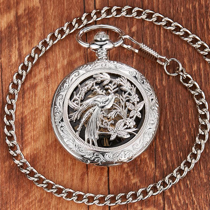 New Silver Bird Song Flower Flap Double Hollowed Roman Literal Semi-automatic Mechanical Pocket Watch