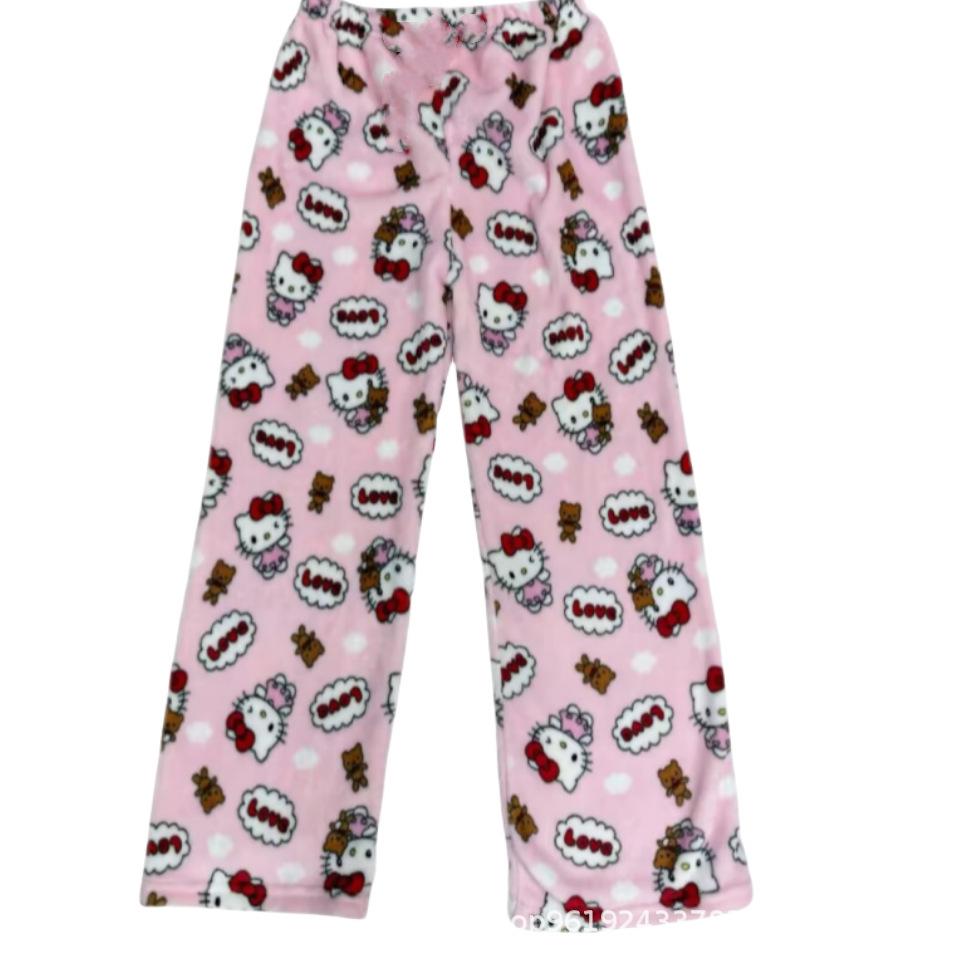 Exclusive Hello Kitty Halloween Flannel Sleep Pants: Thick, Plush, Casual Loungewear for Women - Perfect for Autumn and Winter.