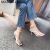 Fashion SUOJIALUN Gladiator Sandals High Heels Sandal Shoes Fashion Brand Strap Flip Flops Sexy Thin High Heel Pumps Square Toe Shoes