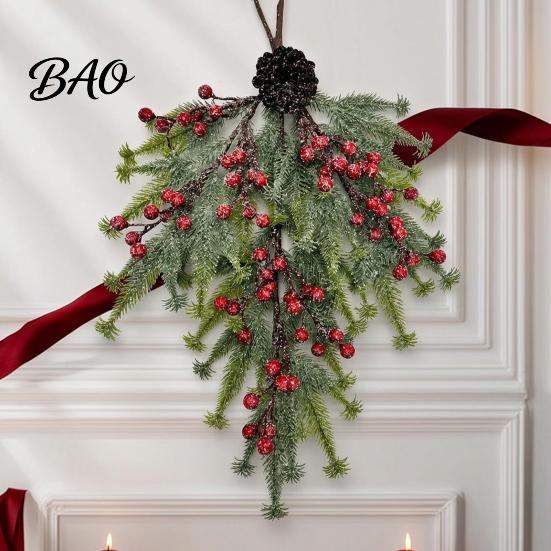 Artificial Winter Wreath Upside Down Christmas Tree Hanging Decor, Pinecone Berry with Flocked Rustic Holiday Home Decor Snow Tips, Wall Door Ornament