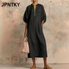 JPNTKY Fashion Summer Spring Solid Color Print 3/4 Sleeves V-Neck Casual Dresses