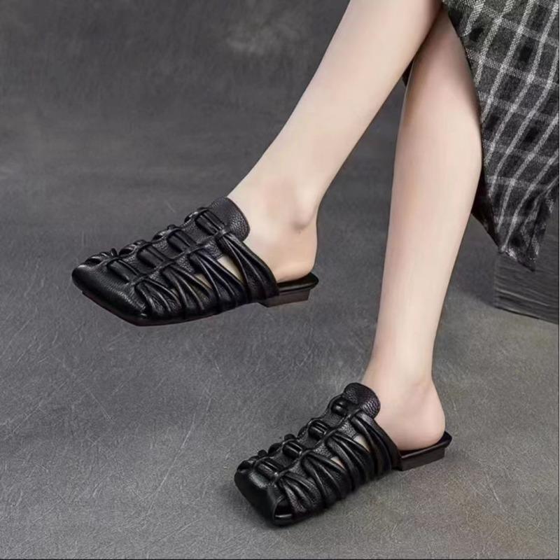 

Fashion Retro Closed Toe Slippers For Women Weave Slides Slip On Hollow Out Genuine Leather Flats Square Toe Soft Soles Slippers 40 чёрный