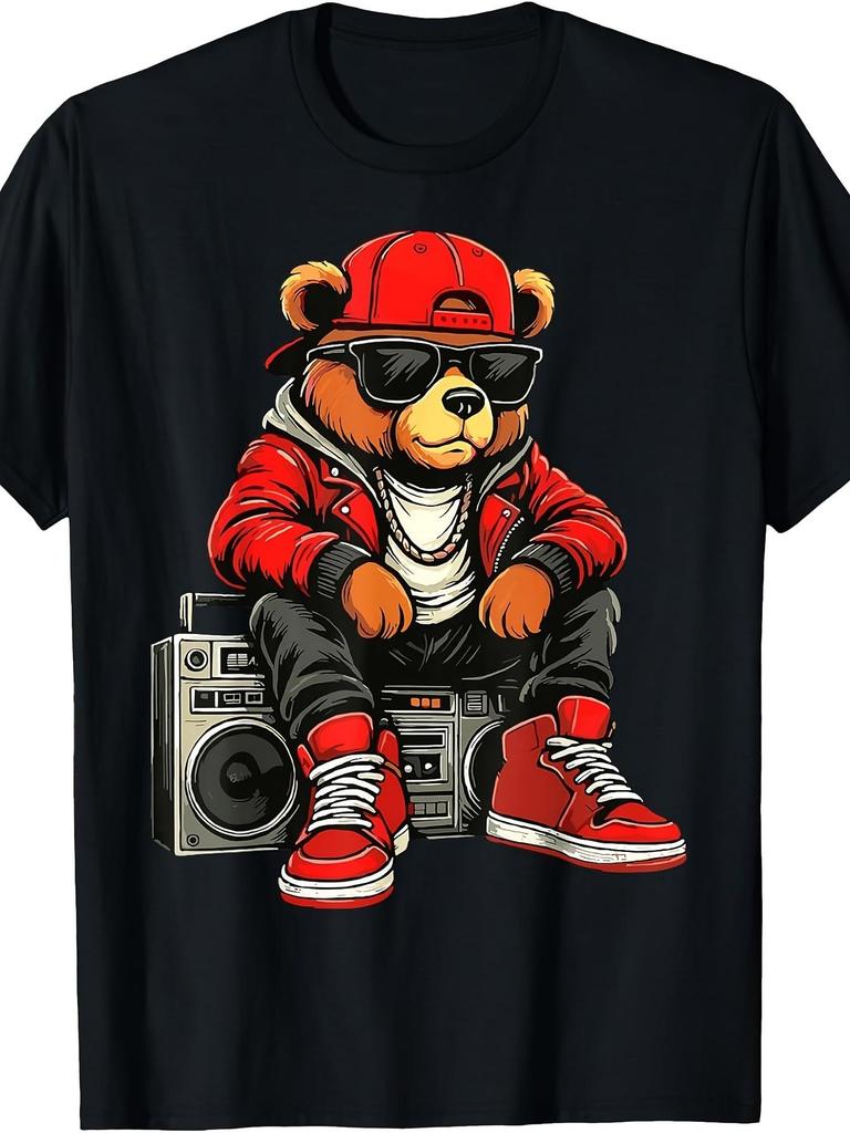 Trendy T-Shirt Featuring a Stylish Bear Design, Offered in Larger Sizes, Perfect for Men'S Summer Wear, Including Tops A