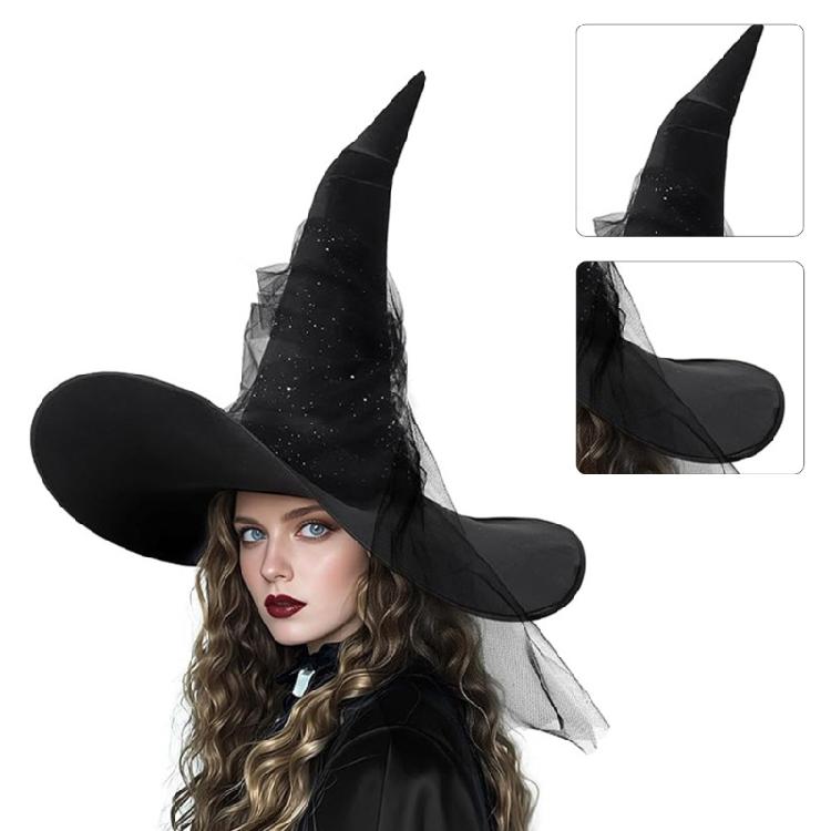 Halloween Witch Caps for Cosplay Punk Tulle Crinkled Wizard Hat Adult Unisex Party Hat Costume Pointed Hat Festival Props