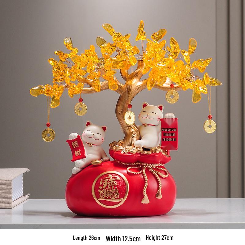 Fortune Cat Money Tree Figurine - Office, Shop, Reception & Housewarming Decoration